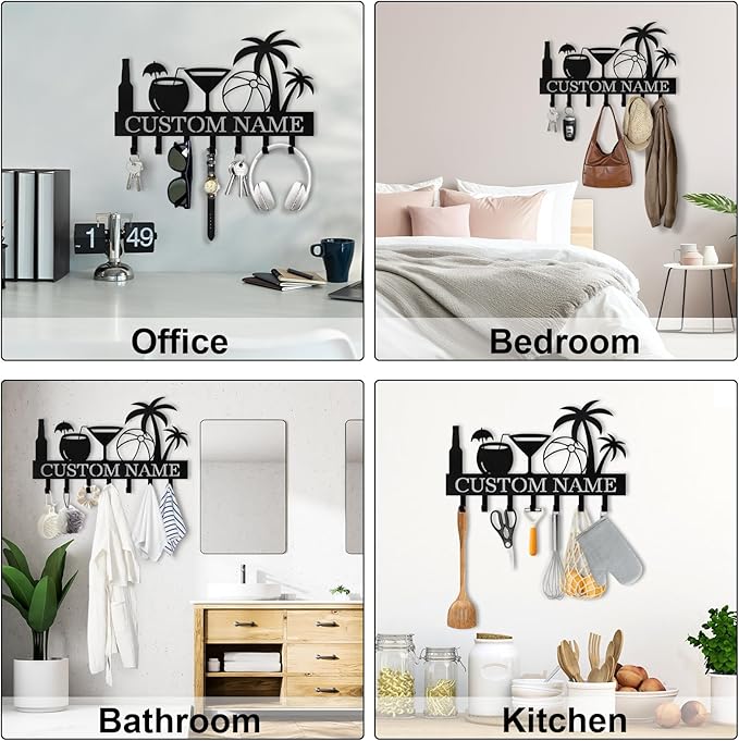 Personalized Key Holder for Wall, Beach Theme Key Holder Wall Mount with Hooks, Coconut Trees Key Hanger Wall Decor for Pool Bathroom Hallway Entryway Office, Customized Home Decor Gifts Color03