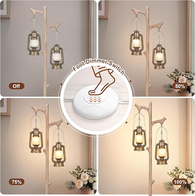 Scenekoy Vintage 68” Tall Floor Lamp with Lanterns, Retro Standing Lamp Tree Trunk Finish & Resin Body, Rustic Dimmable Corner Lamp Stand Up Light with Bulb Prefer for Living Room Bedroom Home Decor