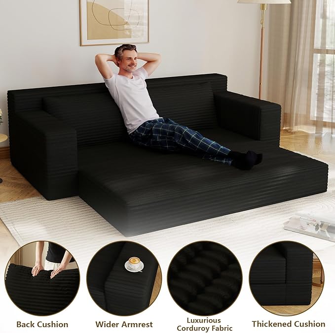 70.78" Loveseat Sofa, Modern Small Corduroy Couch Comfy Deep Seat for Living Room, Bedroom, Apartment, Home Office, No Assembly, Black