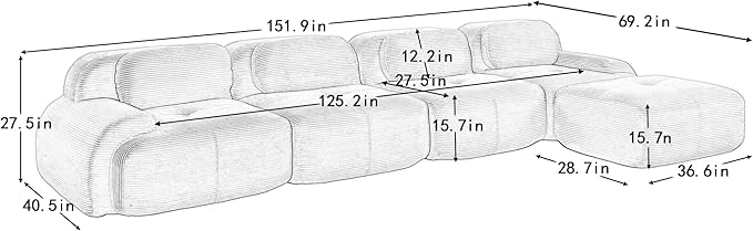 152" Modern Corduroy Cloud Sofa with Ottoman, L Shaped Boneless Modular Large Sectional Couches for Living Room, Camel 4 Seater Compressed Memory Foam Couch, Extra Deep Seat, No Assembly