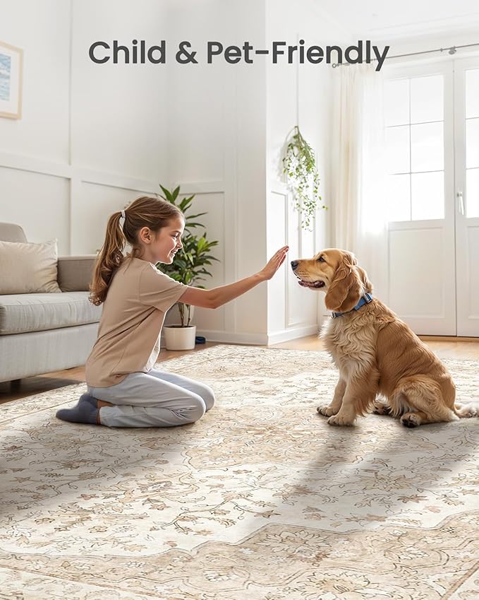 AMADA HOMEFURNISHING 8x10 Washable Area Rug, Low-Profile Large Area Rug with Non-Slip Backing & Durable Edge Binding, Vintage Large Rugs for Living Room, Bedroom, Dinning Room