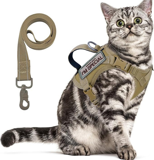 Tactical Cat Harness for Walking Escape Proof, Soft Mesh Adjustable Pet Vest Harness for Large Cat, Small Dog and Khaki (Khaki, Medium)