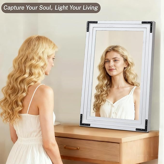 Full Length Mirror 30"x20" Solid Wood Frame Floor Standing Mirror, Hanging or Leaning Wall-Mounted for Living Room, Bedroom, Rustic White