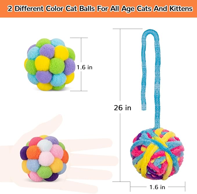 Retro Shaw 6Pcs Cat Toys Balls, Wool Yarn Cat Ball with Bell Inside, Interactive Kitten Toys for Indoor Cats Kitty Chew Kick, Colorful Soft Fuzzy Pet Toy Ball with String