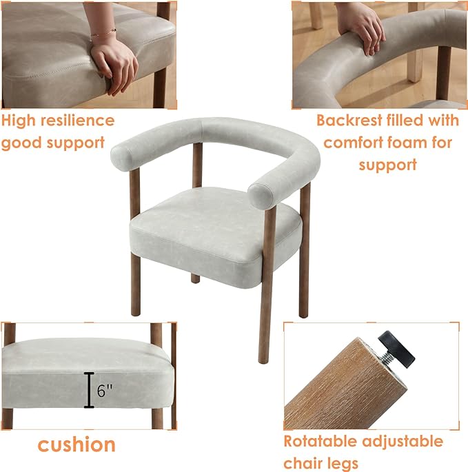 Mid-Century Modern Dining Chairs Set of 6, Armrest Barrel Dining Chairs Side Accent Chairs with Curved Back, Upholstered Wood Armchairs for Kitchen, PU Leather Grey