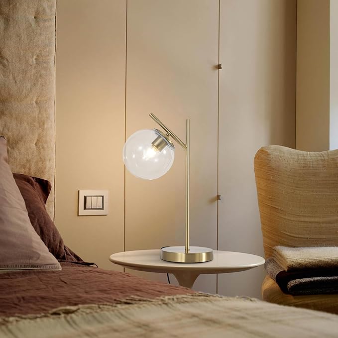 Mid Century Modern Table Lamp, Contemporary Metal Brass Bedside Lamps with Clear Glass lampshade, Gold Globe Nightstand Lamp for Bedroom Living Room Study Room