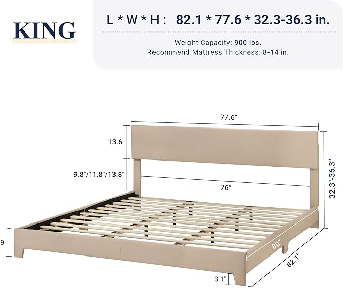 Allewie King Size Bed Frame with Adjustable Headboard, Upholstered Platform Bed with Wood Slats, Heavy Duty Mattress Foundation, No Box Spring Needed, Noise-Free, Easy Assembly, Beige