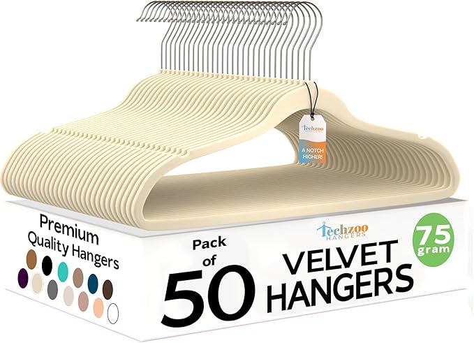 50 Pack New Premium Quality Velvet Hangers Ultra Thin Non Slip Adult Felt Space Saving Hangers for Closet Heavy Duty Coat Pants Jackets Dress Hangers 360° Swivel Hook Hold Upto 10 lbs Ivory