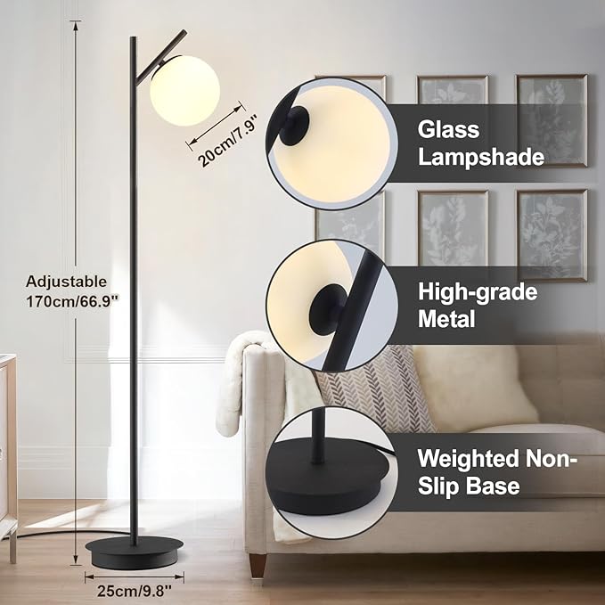 Modern Floor Lamp for Living Room Retro Vintage Tall Standing Lamp Mid Century Black Freestanding Lamp Contemporary Glass Floor Lamps for Bedroom Office Hotel