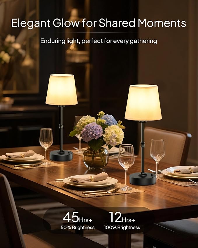 EppieBasic Cordless Table Lamp Rechargeable: Fast Charging & Long Lasting - 2700K Warm Light Vintage Brass Lamps - Dinning Living Room Bedroom - 2 Pack