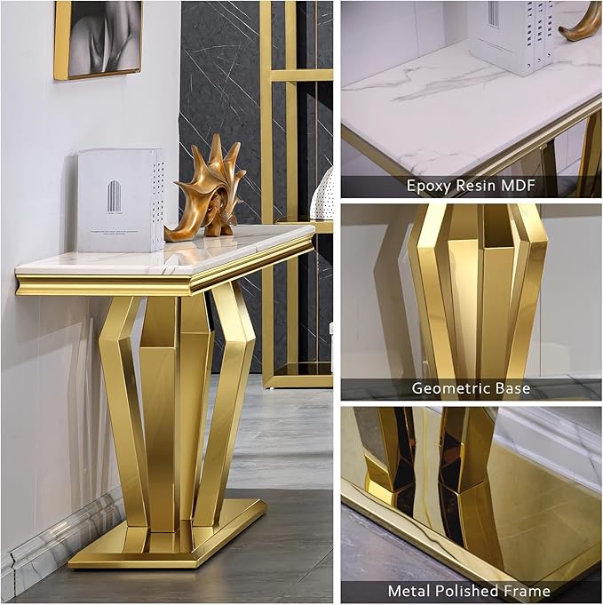 Gold Console Table, White and Gold Sofa Table, 50-inch Entryway Table with Polished Geometric Base for Living Room, Hallway