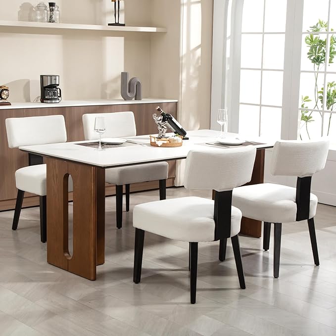 Dining Chairs Set of 4, Fabric Upholstered Wood Kitchen Chairs, Armless Linen Curved Backrest Accent Chair Farmhouse Modern Dining Chairs with Foot Pad for Kitchen/Living Room/Restaurant/Cafe-Beige