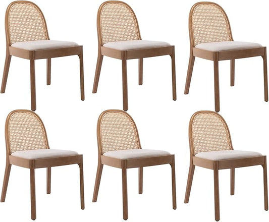 HEAH-YO Rattan Dining Chairs Set of 6, Upholstered Linen Dining Room Chairs with Backrests, Modern Kitchen Chairs with Wood Legs for Dining Room, Beige