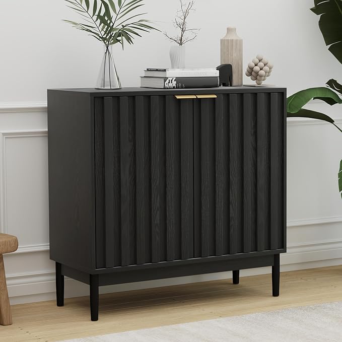 Fluted Cabinet with Storage, Buffet Cabinet Sideborad with Door, Kitchen Buffet Storage Accent Cabinets with Adjustable Shelves for Living Room, Entry, Hallway, Black