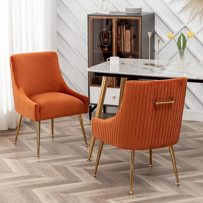 Dining Chairs, Accent Chairs Set of 8, Modern Upholstered Kitchen Dining Room Chairs with Gold Legs, Fabric Tufted Velvet Living Room Chairs for Reception Room Bedroom Guest Room (Orange)