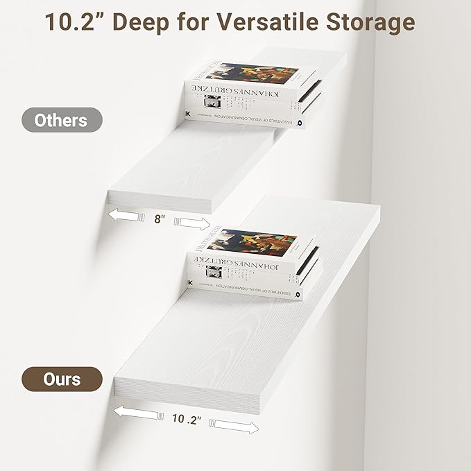 Vivelove 10 in Deep Floating Shelves for Wall, 30" x 10.2" x 1.5" Shelves for Room Wall Mounted, 1.5 Inch Thick Shelf for Bathroom Bedroom Kitchen Book Room, Modern Farmhouse Decor, Set of 2, White
