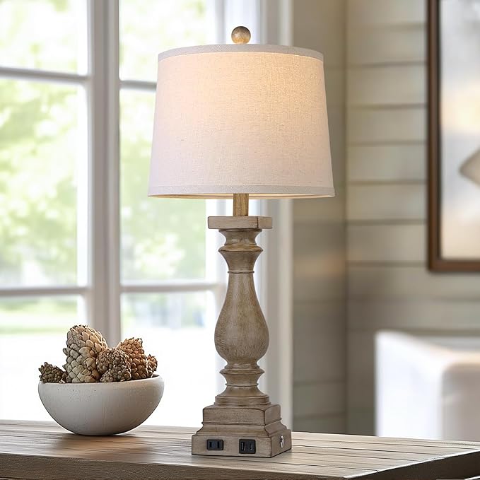 28" Tall Farmhouse Table Lamp with USB C+A Ports and AC Outlet, 3 Way Touch Control Rustic Bedside Lamp for Bedroom, Brown Vintage Nightstand Lamp for Living Room Office