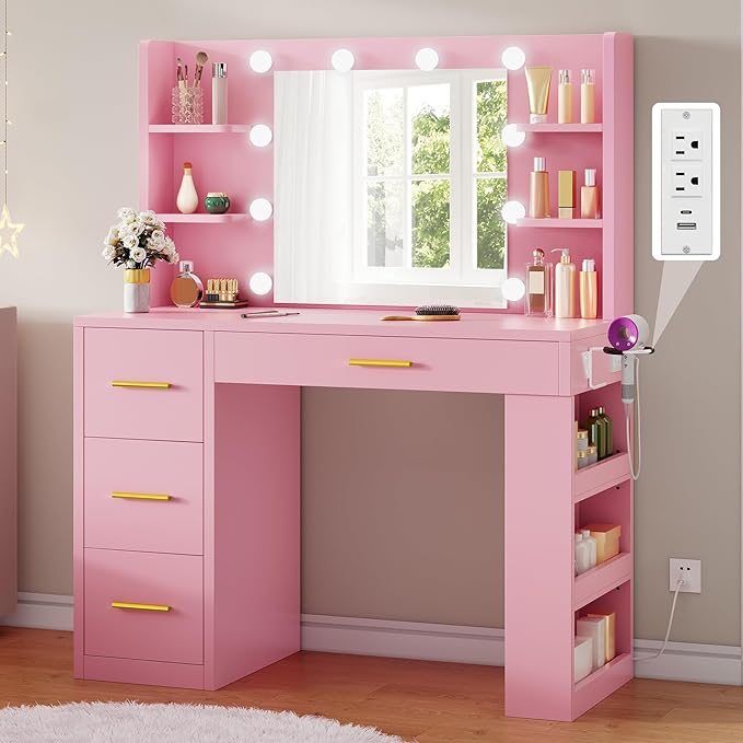 DWVO Makeup Vanity with LED Mirror, 40" Big Vanity Makeup Table with 4 Drawers and 7 Open Storage Shelves, Built-in Power Outlets & Hairdryer Holder, Pink