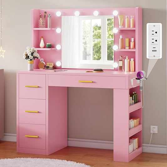 DWVO Makeup Vanity with LED Mirror, 40" Big Vanity Makeup Table with 4 Drawers and 7 Open Storage Shelves, Built-in Power Outlets & Hairdryer Holder, Pink