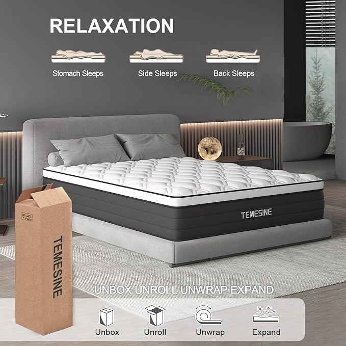 Full Size Mattress, 10 Inch Hybrid Mattress in a Box with Individual Pocket Spring, Gel Memory Foam and Euro Top, Medium Firm Feel with Motion Isolation, Pressure Relief, Edge Support, Black