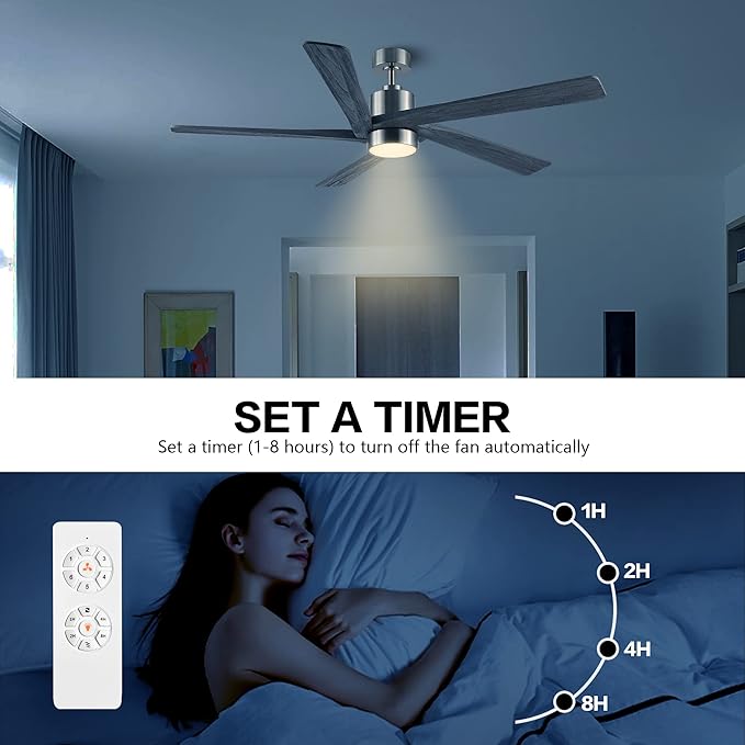 WINGBO 64 Inch DC Ceiling Fan with Lights and Remote Control, 5 Reversible Carved Wood Blades, 6-Speed Noiseless DC Motor, Modern Ceiling Fan in Brushed Nickel Finish with Gray Blades, ETL Listed