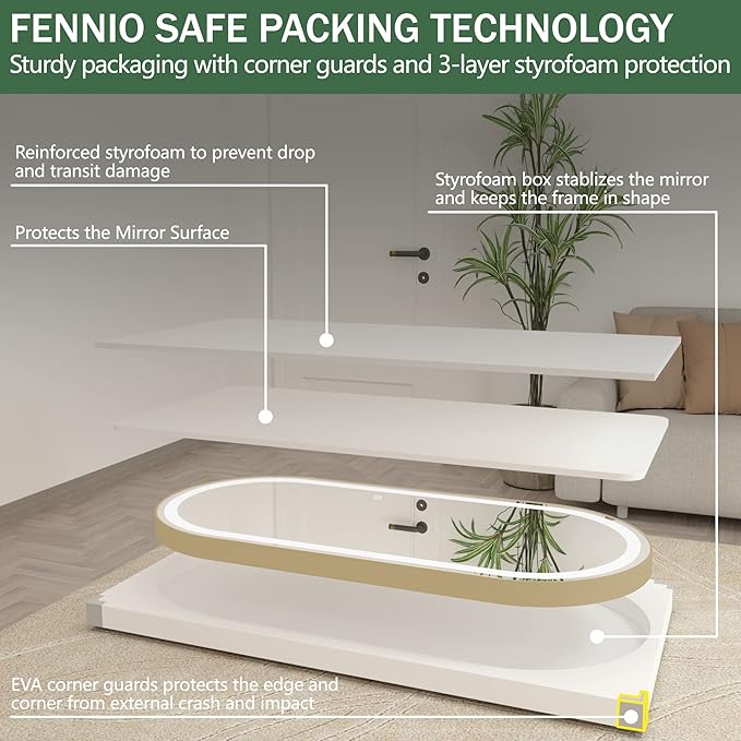 FENNIO 70" x 32" Large Luxury Wall Mounted Mirror with LED Lights - Oval Full Length LED Lighted Full Body Dressing Mirror for Bedroom, Salon, Brushed Aluminum Frame, Tempered Glass