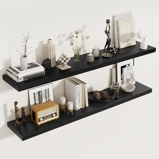 Fun Memories 55 Inch Floating Shelves for Wall 2 Pack Shelves for Bedroom|Kitchen|Bathroom Wall Mounted Rustic Wood Floating Shelf with Invisible Brackets for Books|Storage|Decor, Black