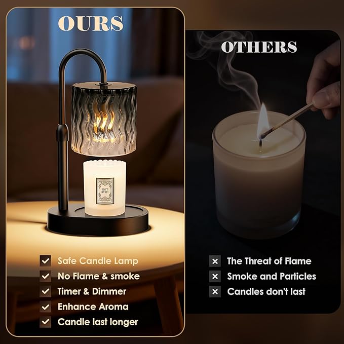Candle Warmer Lamp with Timer, Dimmable Candle Lamp Warmer for Home Decor, Adjustable Height Wax Melt Warmer Lamp with 2 Bulbs Birthday Christmas Gifts for Women (Black)