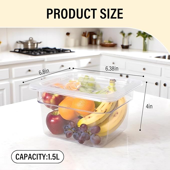 4 Pack Plastic Food Pans with Lids,1/6Size4 Inch Stackable Restaurant Clear Food Storage Containers,Polycarbonate Commercial Hotel Pans for Fruits Vegetables Beans Corns(4Pack 4" Deep)