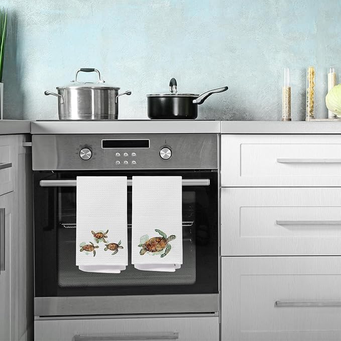 Sea Turtle Bathroom Hand Towels, Turtle Bathroom Decor, Coastal Beach Kitchen Towels, Nautical Coastal Dish Tea Towel for Kitchen, 16x24 Inch Set of 2