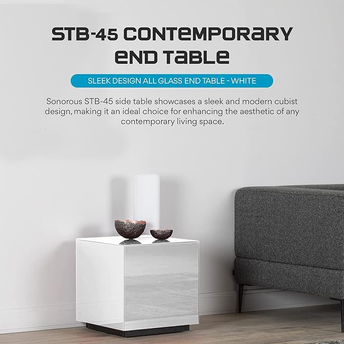 SONOROUS Premium Tempered Glass Side Table - Luxury Nightstand & Bedside Table for Bedroom or Living Room - High Gloss End Table in White Finish - Sleek Cube Design with Fingerprint Resistant Glass