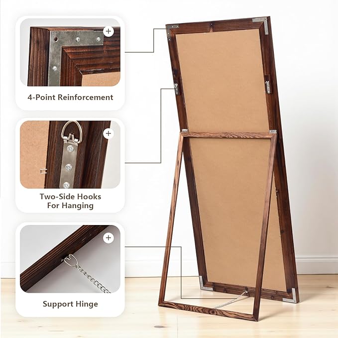 Yumyolk Full Length Mirror with Stand 64"x26" Large Vintage Wood Wall Mounted Mirrors for Bedroom Brown