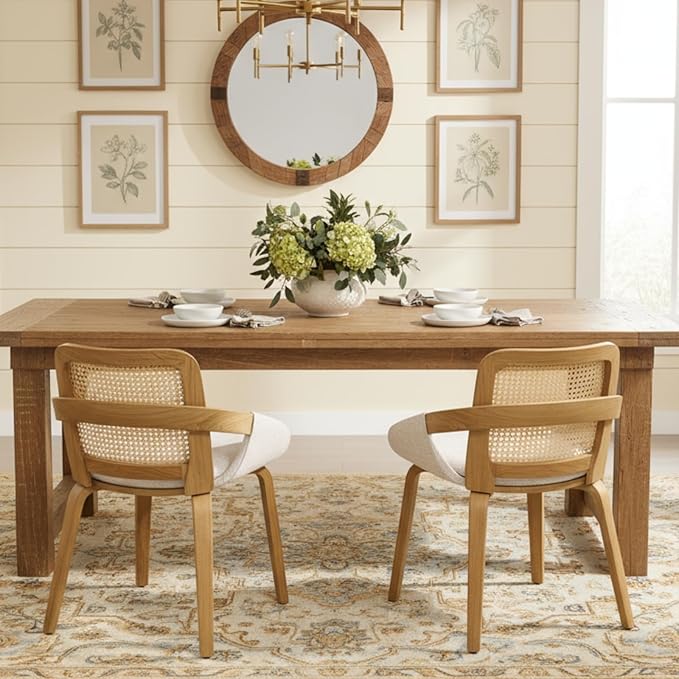 DUOMAY Modern Linen Dining Chairs Set of 2, Cane Back Room Chairs with Solid Wood Legs Kitchen Chairs for Living Room, Restaurant, Beige