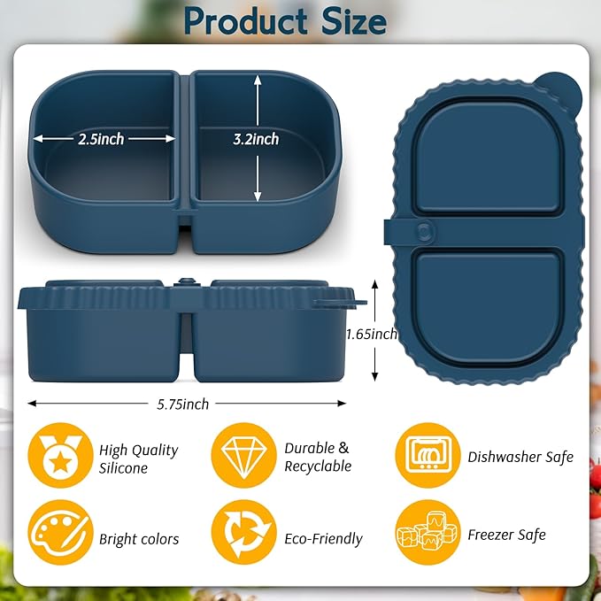 3 Pack Reusable Silicone Snack Containers with Lids, Meal Prep Containers 2 Compartments, Portable Silicone Food Storage Box for Picnic, School, Office (3)
