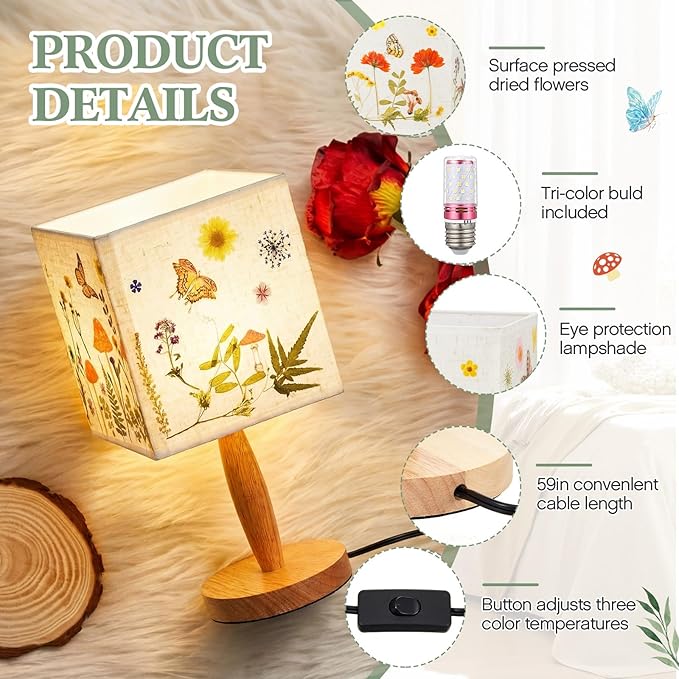 Hortsun Pressed Flower Desk Lamp Vintage Table Small Lamp Cottage Style Decor Boho Light Decorative Rustic for Bedroom, Living Room or Office, Christmas Gift for Women(Vibrant Style)