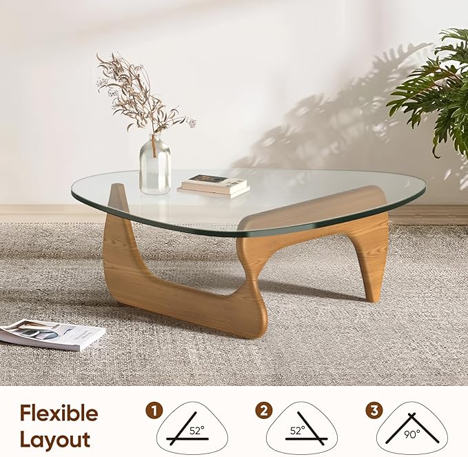 Triangle Glass Coffee Table with Solid Wood Base, 0.8'' Thick Clear Glass Top, 51'' Width Mid Century Modern Coffee Table for Living Room Bedroom Reception (Light Walnut)