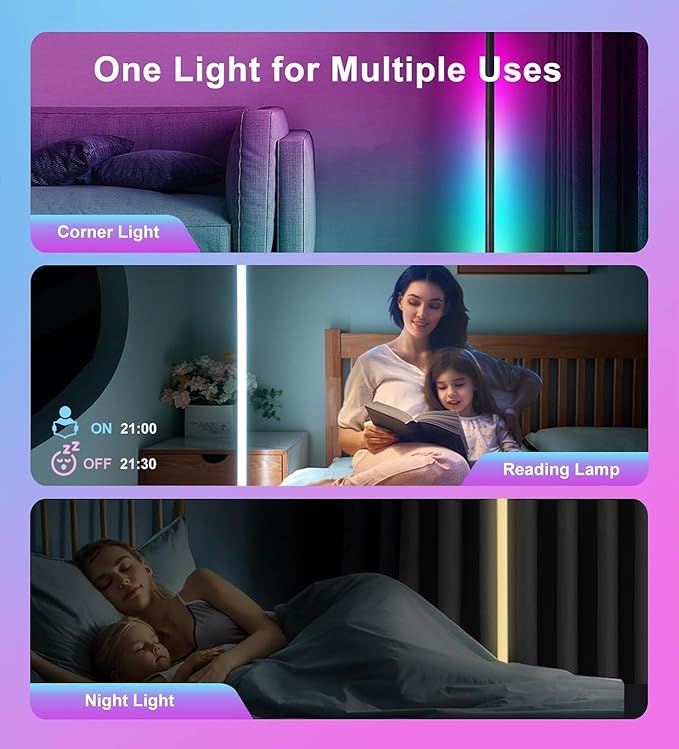 Corner Floor Lamp RGBW, LED Floor Lamp with APP, IF Remote Control, Music Sync, Timer and 16 Million DIY Colors, Smart Corner Light for Gaming Rooms Bedrooms