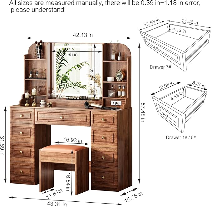 43" Makeup Vanity Desk with Mirror and Lights, & Power Outl, Glass Top Big Vanity Table with 9 Drawers& 8 Storage Shelves, Dressing Table Set with Chair for Bedroom, Brown