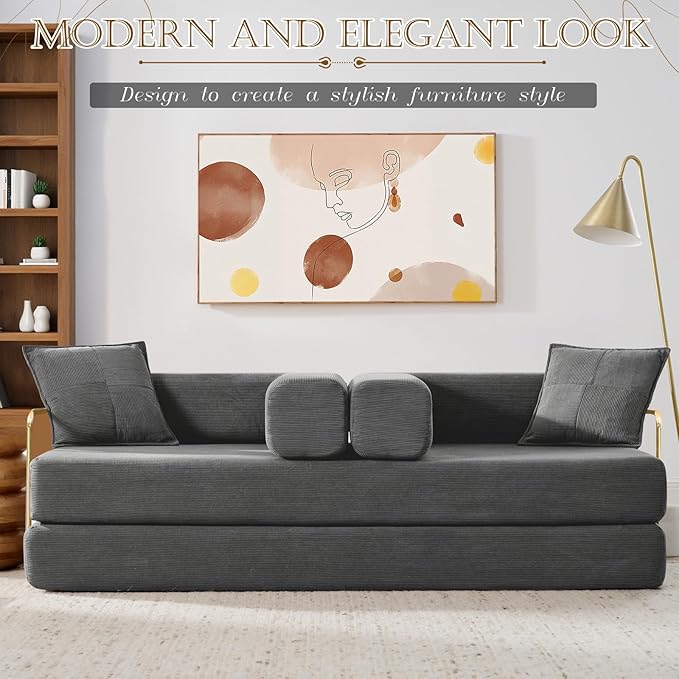 Antetek Convertible Futon Sofa Bed, 3-Seater Modern Corduroy Foam Floor King Size Bed Fold Out Sleeper Lounge Loveseat Sofa Couch with 2 Throw Pillows for Living Room Bedroom Guest Room, Dark Grey