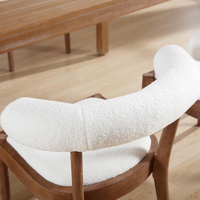 Kmax Dining Room Chairs Mid-Century Modern Sherpa Kitchen Chairs with Natural Walnut Finished Frame, Fur Curved Back, Set of 2, White