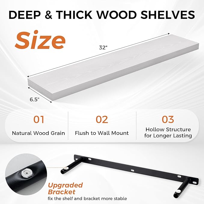 Fun Memories 32Inch Floating Shelves for Wall 2 Pack Wood Shelves for Kitchen, Bathroom, Bedroom Wall Mounted Rustic Wood Floating Shelf with Invisible Brackets for Books, Storage, Decor, White