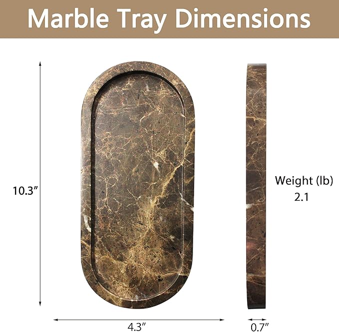 100% Real Natural Marble Tray for Bathroom, Luxury Dark Brown Stone Vanity Tray, Decorative Oval Trays for Countertop Storage Organizer, Vanity Dresser Kitchen Home Decor, 10.2" x 4.3", Brown