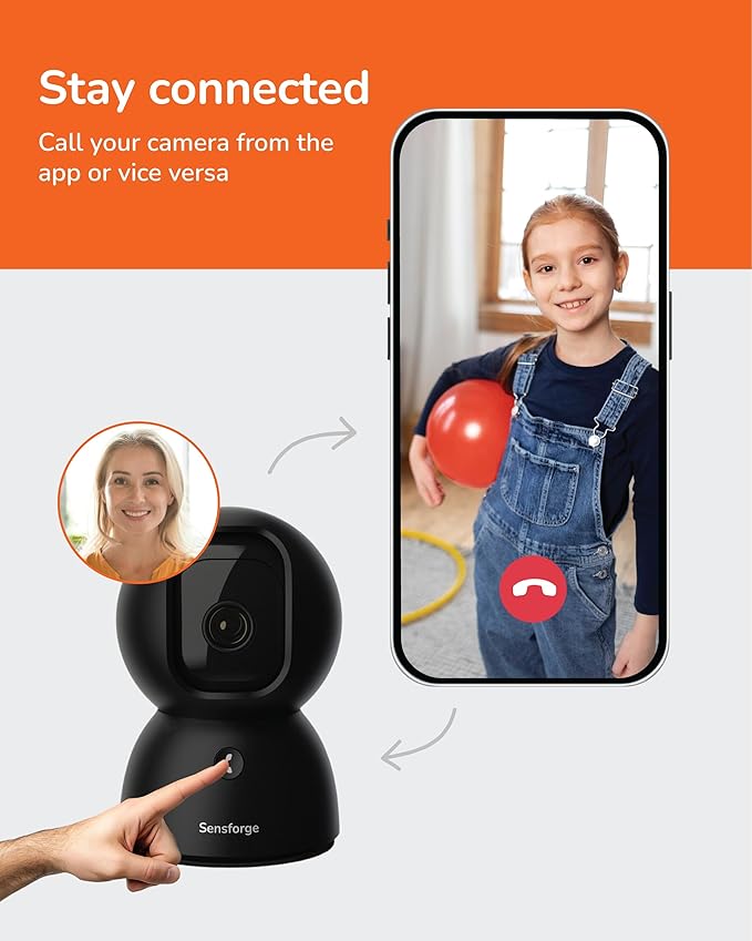 Sensforge Black Indoor Pan-Tilt Security Camera with SD Card for Pet/Kid/Home, 24/7 Recording, 5G/2.4G Wi-Fi, 2.5K Video and Image - Free Human Motion Pet Detection