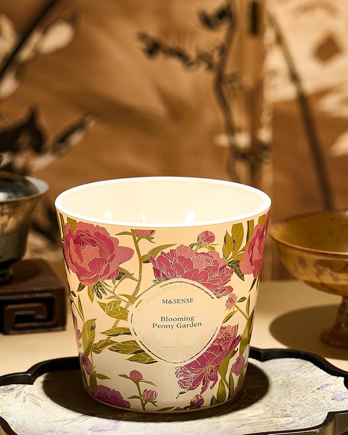 M&SENSE Blooming Peony Scented Candle, 28.2oz 3 Wick Natural Soy Wax Large Candles, Long Lasting Clean Slow Burning No Toxic Décor for Home Relaxation, Romantic Dates & Gift-Giving