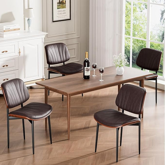 Dining Chairs Set of 4, Mid-Century Modern Upholstered PU Leather Chairs with Walnut Bentwood Back and Metal Legs Adjustable Feet for Kitchen Dining Room, Dark Brown Shell Strips