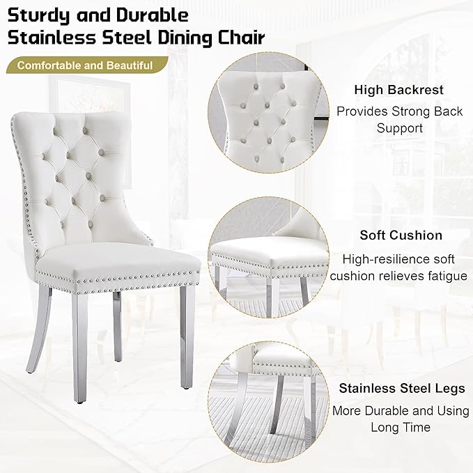 7-Piece Dining Table Set for 6, Faux Marble Dining Table Set with 70'' Marble Dinner Table and 6 Velvet Wing Back Chairs for Kitchen, Dining Room, White & Silver