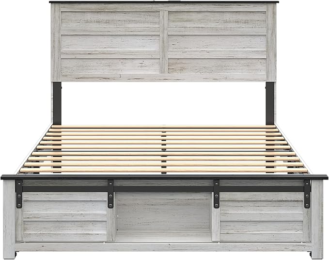 Wooden Bed Frame Full Size with Headboard & Sliding Barn Door Storage Footboard, Farmhouse Platform Bedframe with Charging Station, No Box Spring Needed, Boho White