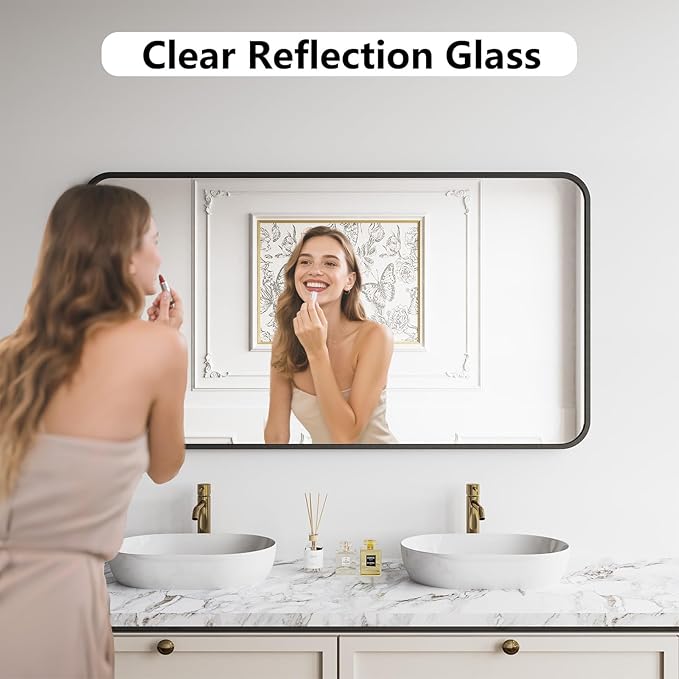 Koonmi Bathroom Mirror, 30X55 Inch Black Metal Framed Mirror for Bathroom, Tempered Glass, Anti-Rust, Rounded Rectangle Mirror for Restroom, Bedroom, Black