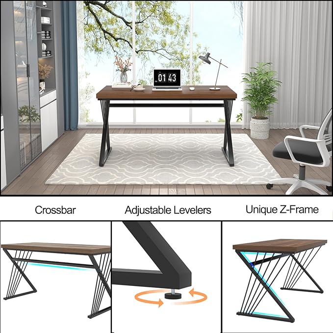 FOLUBAN Computer Desk for Home Office Workstation, Modern Writing Study Work Table, PC Gaming Table for Bedroom Living Room, Rustic Walnut, 53 Inch