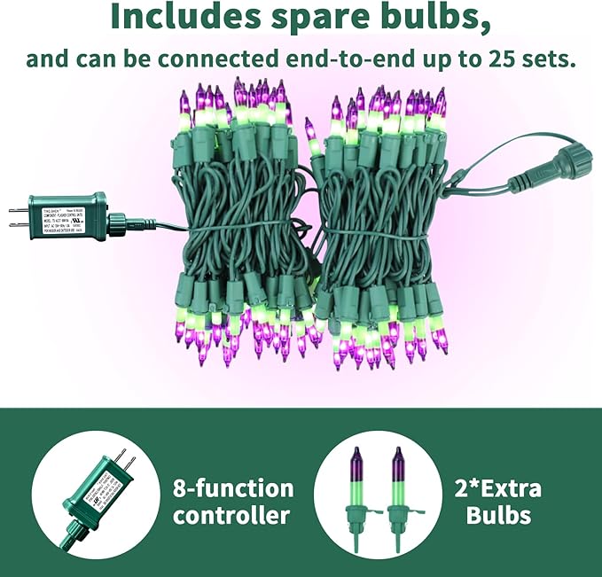 Christmas 100-Count Mini Purple & Green String LightsUL-Certified, Equipped with 8 Lighting Modes, Perfect for patios, Fences and Holiday Occasions.